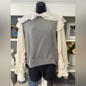 Sea New York Gray and Cream Lace Sweater with doily detail